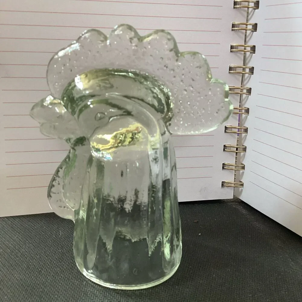 Vintage Glass Rooster Head Bottle Topper Clear Slight Green Cast 4”